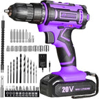 Purple Cordless Drill Set,20V Drill Driver with Battery and Charger,3/8-Inch Keyless Chuck, Variable Speed,with Drills Bits Set