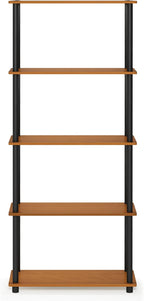 Furinno TURN-N-TUBE Storage Shelves, 5-Tier Book Shelf, Corner Shelf, Toolless Open Shelves, for Organization and Storage, Living Room, Garage, Home Office, Light Cherry