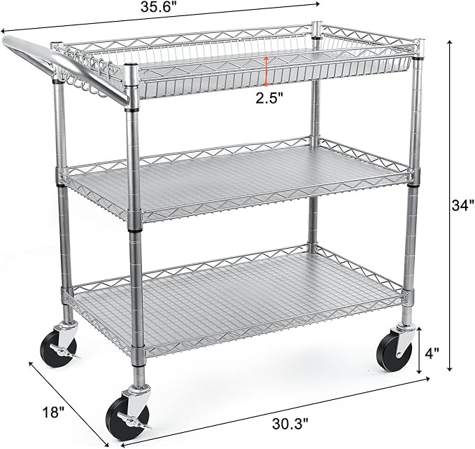 Heavy Duty Utility Cart, 990Lbs Capacity 3 Tier Rolling Carts with Wheels, Kitchen Cart on Wheels with Storage, Commercial Grade Metal Serving Carts with Wire Shelving &Handle Bar, Silver