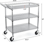 Heavy Duty Utility Cart, 990Lbs Capacity 3 Tier Rolling Carts with Wheels, Kitchen Cart on Wheels with Storage, Commercial Grade Metal Serving Carts with Wire Shelving &Handle Bar, Silver