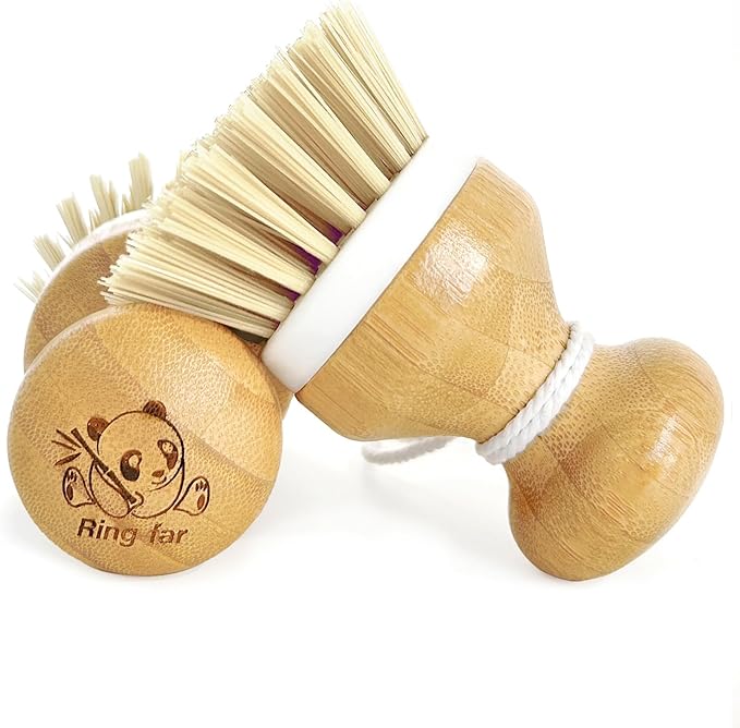 Bamboo Dish Brush,Bamboo Scrub Brush for Bishes Pots Pans Kitchen Sink Cleaning,2 Packs