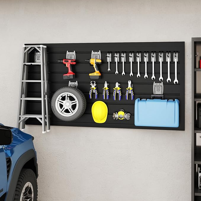 DoCred Slatwall Paneling Organizer, 4x2 FT PVC Garage Slat Wall Storage Systems, Heavy Duty Mounted Slat Peg Board for Tool Organization Ladder Bike Includes 20 PCS Hooks Accessories Kit (Black)