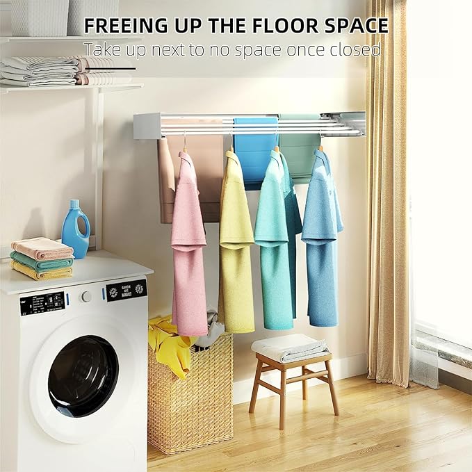 Laundry Drying Rack, Collapsible Wall Mounted Clothes Drying Rack - Foldable,Space Saving, 13.2 Linear Ft, 5 Aluminum Rods, 60 lb Capacity (White, 40")