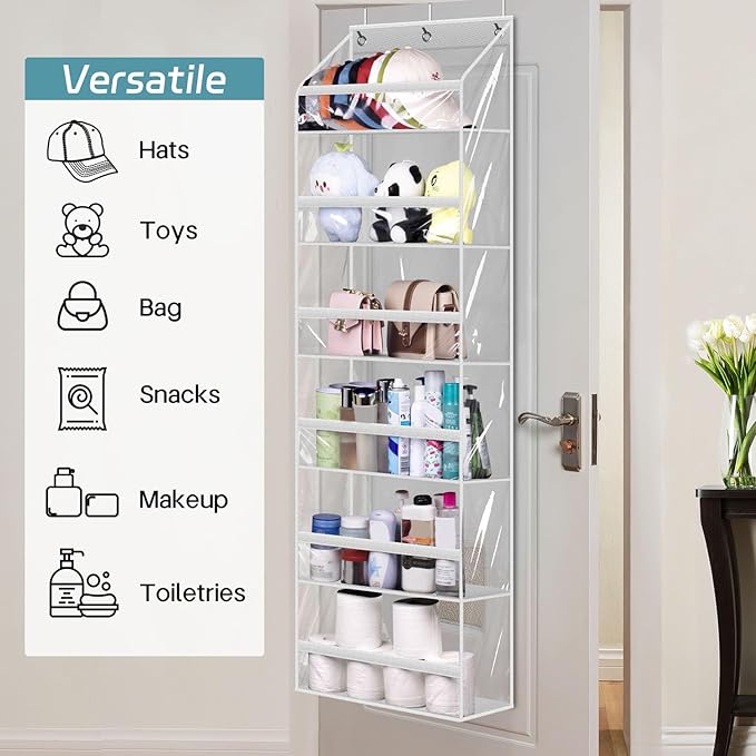 AOODA Clear Over the Door Hat Racks for Baseball Caps, Large Holds up to 72 Caps Hat Storage Organizer for Closet Wall, Deep Pockets Hanging Snapback Holder Shelves with 3 Hooks, White