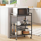 3-Tier Metal Storage Rack with Industrial Wheels,Mesh Shelving Unit with Wooden Table top,Adjustable Shelf,23.6-Inch Width,15.8-Inch Depth, for Kitchen, Laundry,Pantry,Plant,Black
