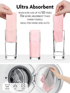 Fantasticlean Microfiber Cleaning Cloth Roll -60 Pack, Tear Away Microfiber Towels, 12" x 12", Reusable, Washable, Scratch Free, Ultra Absorbent Dishcloth for Car, Home Supplies (Pink & Grey)