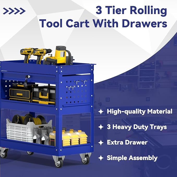 3 Tier Rolling Tool Cart with Drawer, 450 LBS Heavy Duty Utility Cart on Wheels, Service Cart for Garage, Workshop and Warehouse (Blue)