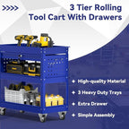 3 Tier Rolling Tool Cart with Drawer, 450 LBS Heavy Duty Utility Cart on Wheels, Service Cart for Garage, Workshop and Warehouse (Blue)
