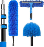 20 Feet High Reach Duster Kit with 5-12 Ft Extension Pole, Cobweb Duster with Telescoping Pole, Window Squeegee with Scrubber, Spider Web Brush, High Ceiling Fan Duster for High Window, Interior Roof