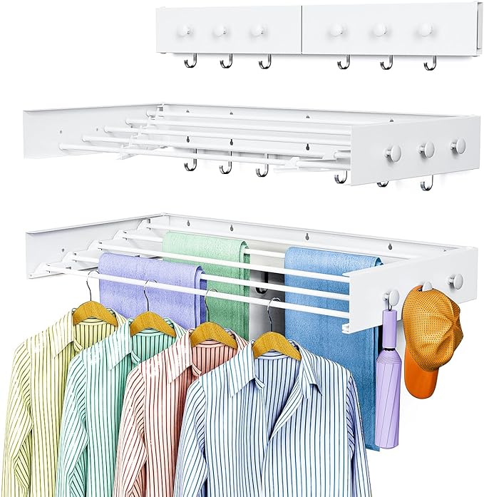 Drying Rack Clothing,Clothes Drying Rack Wall Mounted,Laundry Drying Rack Wall Mount,Foldable,Collapsible,60 lb Capacity 5 Aluminium Poles with 12 Hooks (White, 31.5" Upgrade)