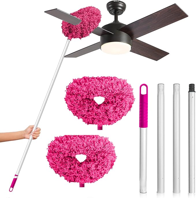 DRQ Ceiling Fan Cleaner Duster, 2 Pack Reusable Microfiber Duster with Extension Pole, 13 to 50 Inch Fan Blade Cleaner, Removable Dusters for Cleaning Walls Bookshelves Door Window Top (Rose Red)