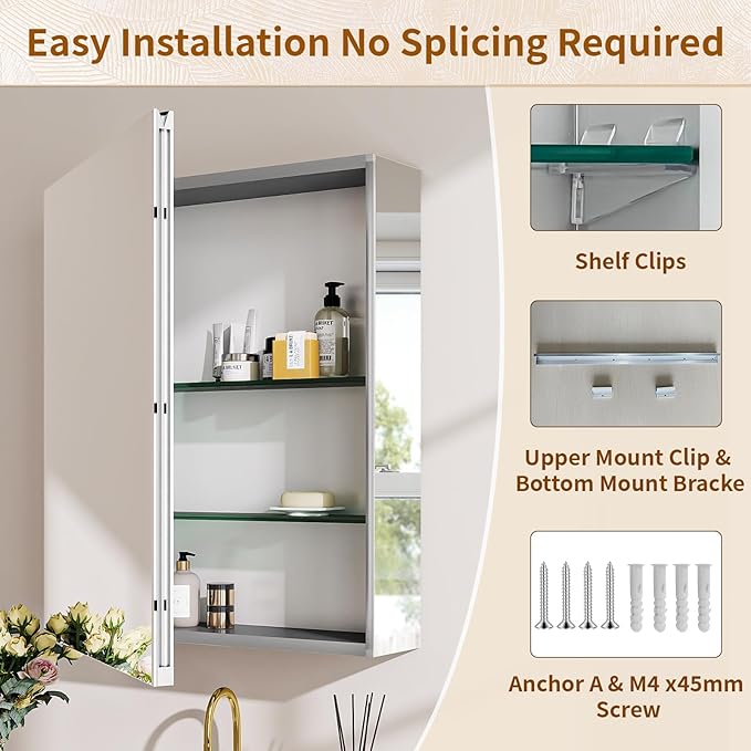 BEAUTYPEAK Bathroom Medicine Cabinet Mirror with Storage, 20 Inch x 24 Inch Silver Medicine Cabinet with Single Door & Adjustable Shelves for Vanity, Tempered, Aluminum Surface, Wall-mount or Recessed