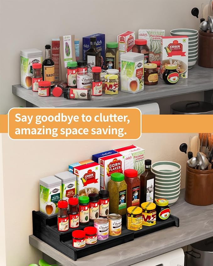 Spice Rack Organizer, 3 Tier Expandable Bamboo Spice Rack Organizer, Great for Kitchen Cabinet, Cupboard, Pantry and More-Black(2pack)