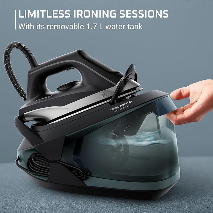 Rowenta Iron Steamer for Clothes, Master Steam Station, Professional Steam Iron For Clothes with Stainless Steel Soleplate 57 oz, 400 microsteam holes, Built-In Pump, 1750 watts, Black Green, VR8338