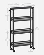 VASAGLE Slim Rolling Cart, 4-Tier Storage Cart, Narrow Cart with Handle, 5.1 Inches Deep, Metal Frame, for Kitchen, Dining Room, Living Room, Home Office, Ebony Black and Classic Black ULRC032B04