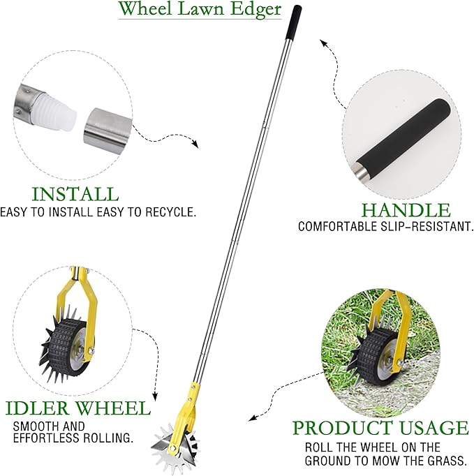 Wheel Rotary Edger, Adjustable Length Lawn Edger, Stainless Steel Edger Lawn Tool, Lawn Tool for Manual Edger, Rotary Edger for Sidewalks, Gardens, Driveways and Flower Bed Edging, yellow