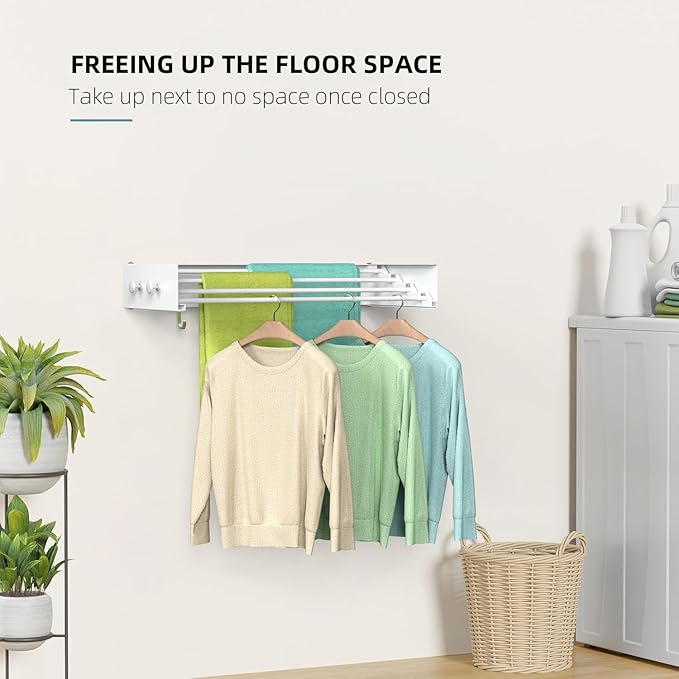 Drying Rack Clothing,Clothes Drying Rack Wall Mounted,Laundry Drying Rack Wall Mount,Foldable,Collapsible,60 lb Capacity 4 Aluminium Poles with 8 Hooks,Space Saving Clothes Drying Rack,White 23.6"