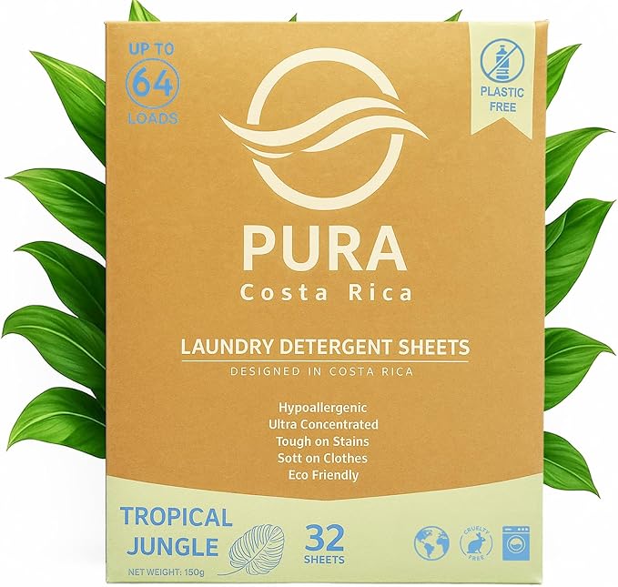 Laundry Detergent Sheets - Ultra Concentrated & Hypoallergenic - Deep Clean, Safe for Sensitive Skin, Plastic-Free & Non-Toxic - Works in Hot & Cold Water - (64 Loads 32 Sheets) - Tropical Jungles