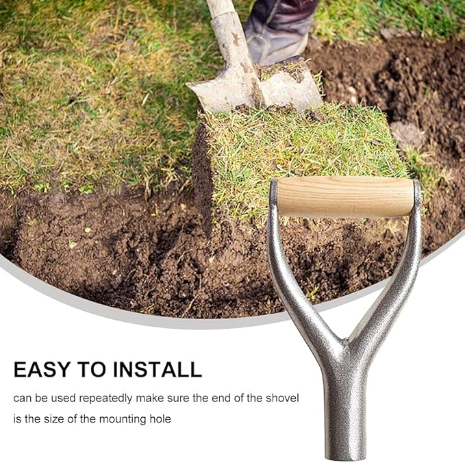 CALIDAKA Shovel D Grip Handle 3.1cm/1.22inch Inside Diameter Metal Replacement With Wooden Grip for Garden Digging Raking Tool 9.05x4.7inch