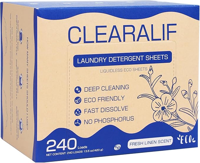 CLEARALIF Laundry Detergent Sheets Up to 240 Loads, Fresh Linen - Great For Travel,Apartments, Dorms,Laundry Detergent Strips Eco Friendly & Hypoallergenic
