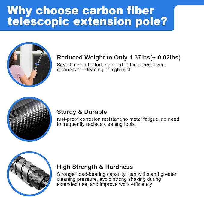 DOBEN 24-Foot Carbon Fiber Window Cleaner Tool with Telescopic Extension Pole, Rotating Scrubber & Squeegee - Durable Lightweight Design for Indoor/Outdoor Glass Cleaning