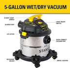 STANLEY Wet/Dry Vacuum SL18115, Stainless Steel Tank, 5 Gallon 4HP Shop Vacuum, Portable Style Ideal for Home/Shop/Jobsite Dust Collection Job with Vacuum Attachments, Silver+Yellow