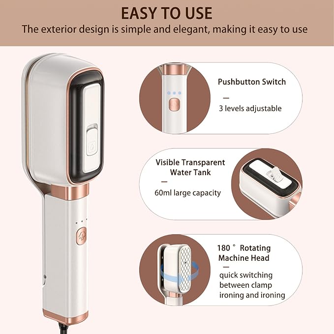 Steamer for Clothes 1000W， 180 °Rotating Head Clamp Ironing Multifunctional Steam Iron，Portable Wet Dry Handheld Wrinkle Remover Suitable for Home, Travel & Dormitory (White)