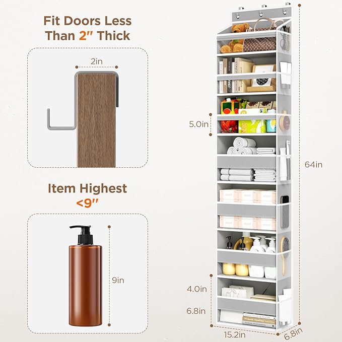 Over The Door Organizer, 7 Tier Door Hanging Organizers with 7 Large Pockets 12 Side Pockets, Behind Door Storage Hanging Shelves for Closet Bathroom Bedroom Nursery