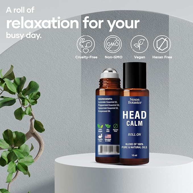 Head Calm Essential Oil Roll-On 10 ml - Soothing Migraine Roller Ball for Headache Relief - Pure Natural Essential Oils - Nexon Botanics