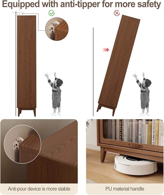 Solid Wood bookcase 5 Tier with Tempered Glass Flip-Up doors, 72Hx13.7Dx32W"Bookshelves Finish Cube Storage Organizer,Bookshelf Versatile Pantry Cabinet with Storage for Kitchen Home Office