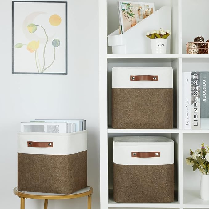 HNZIGE Fabric Storage Baskets 4 Pack,Storage Cube Baskets 11x11, Foldable Cube Storage Bin Baskets for Shelves with Handles, Decorative Storage Bins for Organizer Home Toy Nursery Closet(Brown Gray)