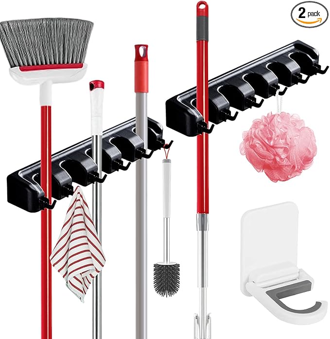 Broom Holder Wall Mount, 2 Packs Heavy Duty Cleaning Supplies Organizer, Garden Tool & Utility Closet with Hook, Mop & Broom Hook Wall Mounted for Bathroom, Garage, Kitchen, Laundry (Black-2pcs)