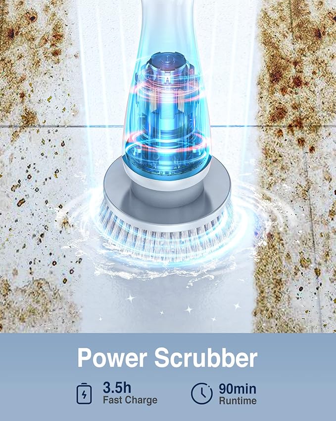 LABIGO Electric Spin Scrubber, Cordless Cleaning Brush Scrubber with 4 Replaceable Brush Heads and Adjustable Extension Handle, IPX7 Waterproof Power Cleaning Brush for Bathroom Tub Floor Tile Shower