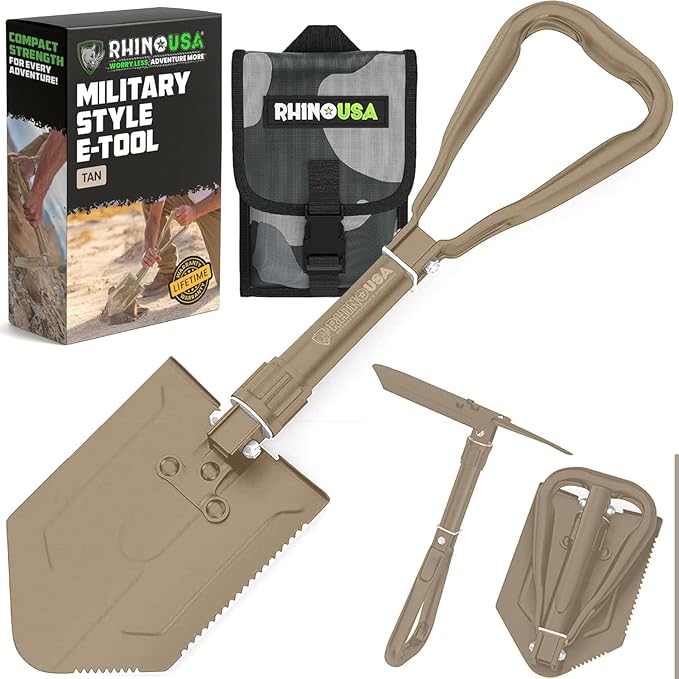 RHINO USA Folding Survival Shovel w/Pick - Heavy Duty Carbon Steel Military Style Entrenching Tool for Off Road, Camping, Gardening, Beach, Digging Dirt, Sand, Mud & Snow - Tan
