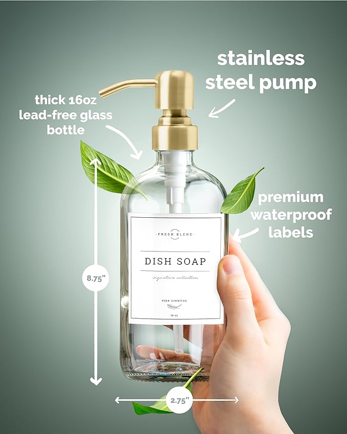 Vine Creations Clear Glass Soap Dispenser, 2 Pack Kitchen Soap Dispenser Set with Stainless Steel Pump, 16 oz Dish Soap and Hand Soap Dispensers for Bathroom with Waterproof Labels
