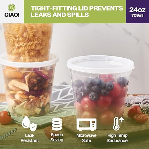 CIAO! 24OZ PP Injection Molded Soup-Deli Container with LLDPE Lid, Microwavable and BPA Free (240/240 combo pack)
