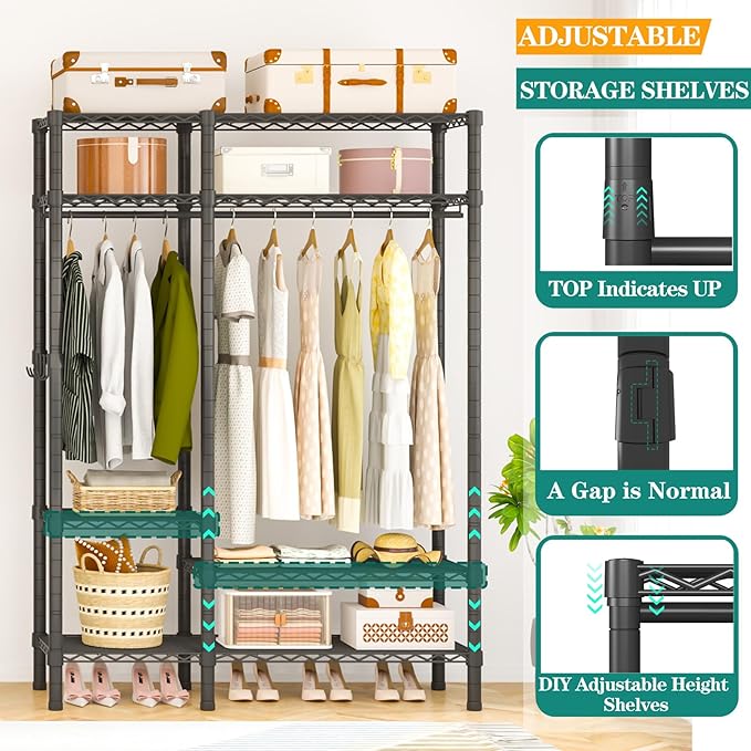 Heavy Duty Garment Rack, Metal Freestanding Closet Wardrobe Clothes Racks for Hanging Clothes, 4 Tiers Adjustable Wire Shelving, 44.9'' L x 16.5'' W x 76.8 '' H, Max Load 850LBS, Black