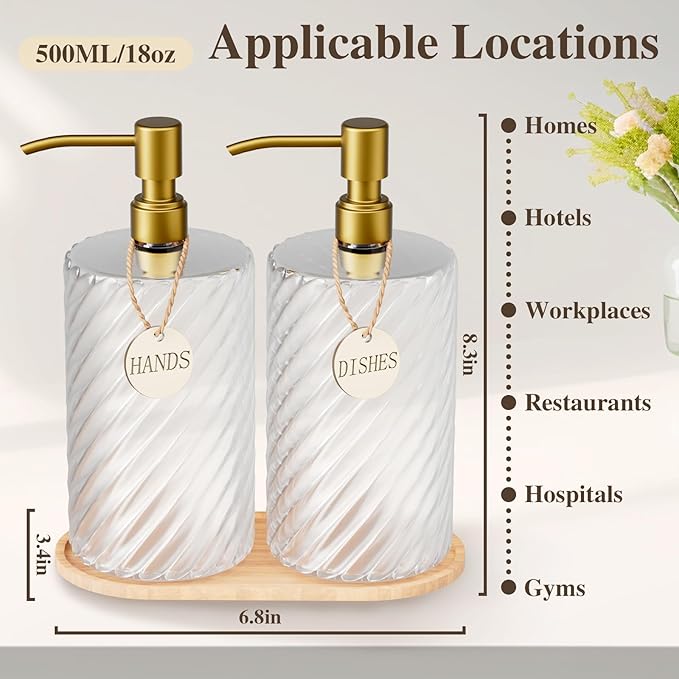 Hand and Dish Soap Dispenser Set for Kitchen Sink,18Oz Glass Soap Dispenser Bathroom with Wood Tray & Gold Stainless Steel Pump,Spiral Stripe Design