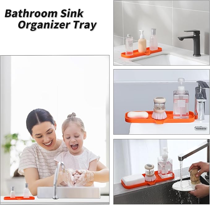 Silicone Bathroom Soap Dishes with Drain Spout-Bathroom and Kitchen Sink Organizer,Sponge Holder,Dish Soap Tray,Perfect for Dispenser,Scrubber,Bottle,Cup on Sink or Counter-Orange 12"×4"