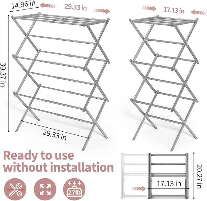 APEXCHASER Clothes Drying Rack, 3-Tier Laundry Drying Rack for Clothes, Expandable Metal Clothing Dryer, Collapsible Towel Rack, Air Drying Rack, Grey