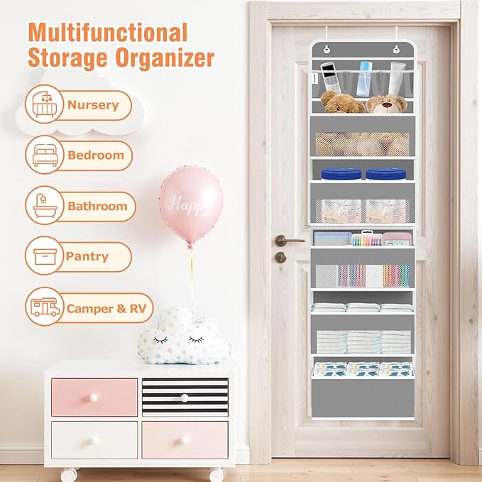 WISELIFE Over The Door Organizer - 6 Shelves Detachable Hanging Bedroom Storage Solution with 5 Large Pockets and 3 PVC Pockets for Dorm Bathroom, Pantry Nursery Baby Essentials (Grey)