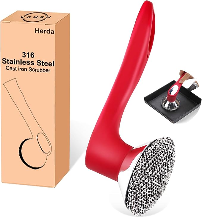 Cast Iron Cleaner Scrubber with Long Handle - Welded Fine Chain Mail Cast Iron Scrubber Brush-Chainmail Sponge Scrub Cleaning Tool to Clean Skillets, Pan,Griddle, Wok, Dutch Oven