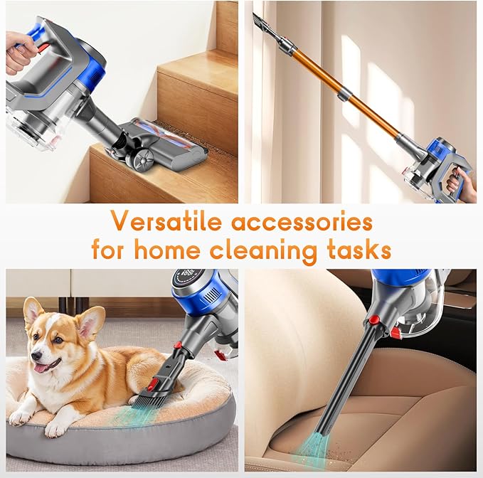 Cordless Stick Vacuum Cleaner - Rechargeable, 45Kpa Powerful Vacuums with Detachable Battery Display, Max 45Mins Runtime, 8 in 1 Handheld Vacuum for Hardfloor & Carpets Pet Hair