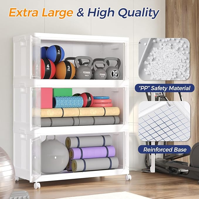 480Qt Stackable Storage Bins with Lid and Wheels, 120Gal Plastic Closet Organizer and Storage Drawer, Large Collapsible Storage Box Cabinet with Clear Door for Home Kitchen Office, 4Pack White