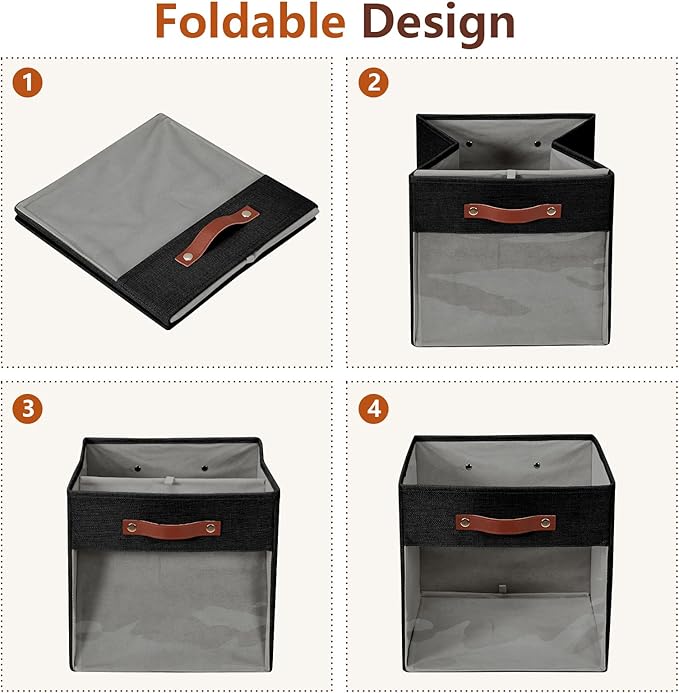 Storage Cube Organizer with Clear Window, Linen Collapsible Storage Boxes with PU Handles, Cube Storage Bins for Shelf, Closet, Cabinet, Bookcase (13x13x13, Black)