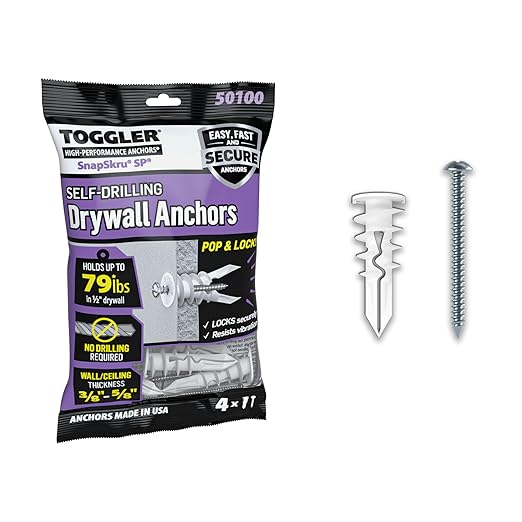 TOGGLER SnapSkru SP Self-Drilling Drywall Anchor for Hollow Wall Application, Glass-Filled Nylon, Made in US, for #6 to #10 Fastener Sizes (4 Pack w/Screws)