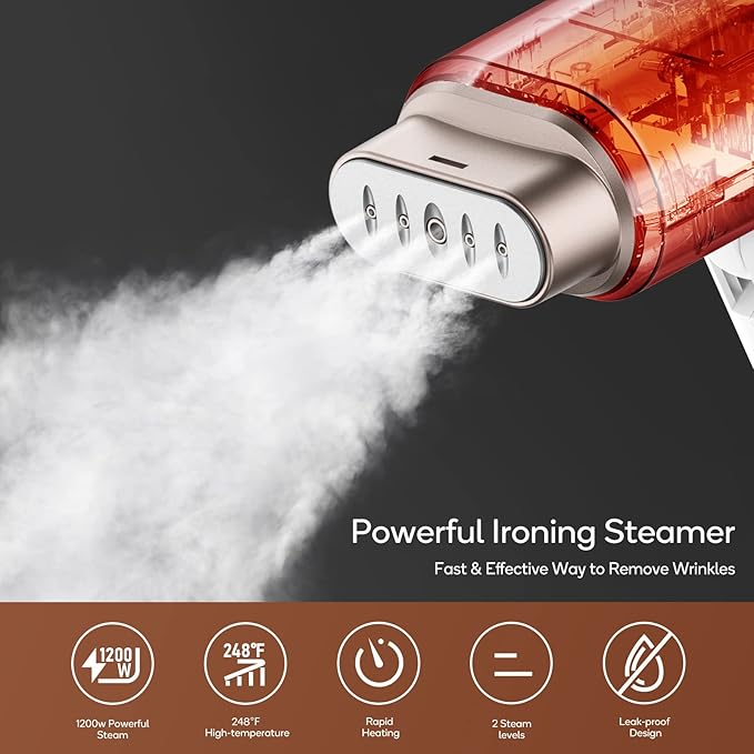 Newbealer Steamer for Clothes, 1200W Travel Steamer with Horizontal & Vertical Steaming, 2 Steam Levels, Dry Ironing, Foldable, 1.5lbs Lightly, 180ml Handheld Fabric Wrinkle Remover (120V Only)
