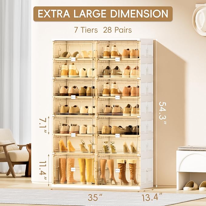 JEKO&JEKO 7-Tier Foldable Shoe Storage Box with Magnetic Doors, Large Stackable Shoe Organizer Cabinet for Entryway, Clear Front Door Shoe Boxes Hold Up to 28 Pairs (White)