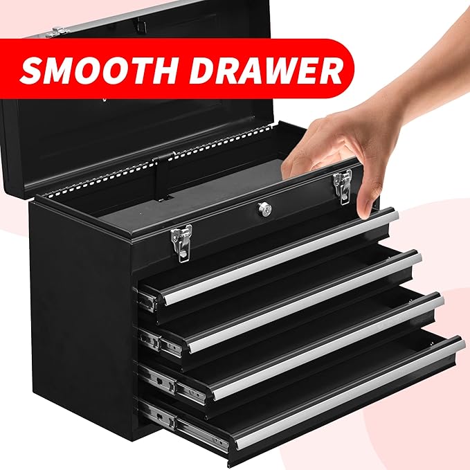 Tool Chest Cabinet, Large Capacity Metal Tool Box with Wheels and Cylinder Locking, Roll Around Storage Organizer Tool Cart for Garage, Redtool cabinets on Wheels (Black, 4-Drawer)