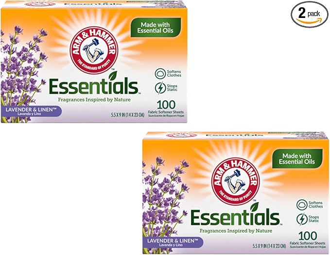 Arm & Hammer Essentials Fabric Softener Sheets, Lavender & Linen, Made with Essential Oils, Softens Clothes, Stops Static, 5.5x9 inches, 100 Count (Pack of 2)
